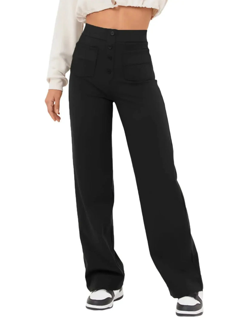 Fashionable New Women's Straight-leg Casual Pants - High-waisted, Buttoned, Elastic Waist with Multiple Pockets