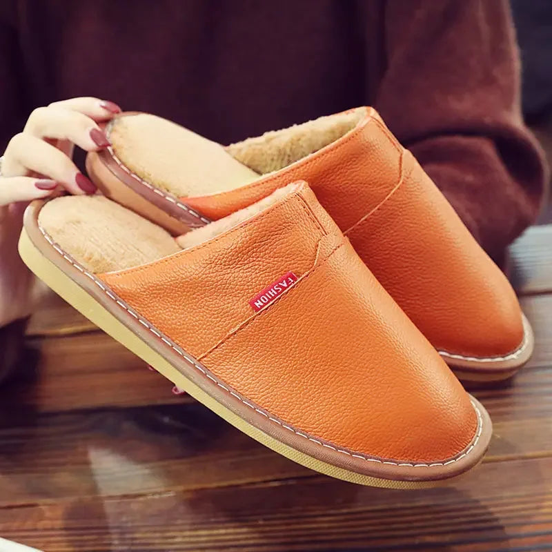 Winter Indoor Warm Lovers Thick Wool Anti-Skid Leather Slippers