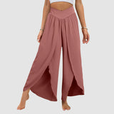 Wide Leg Pants with Front Slit High Waisted Pleated - Boho Beach Yoga Pants