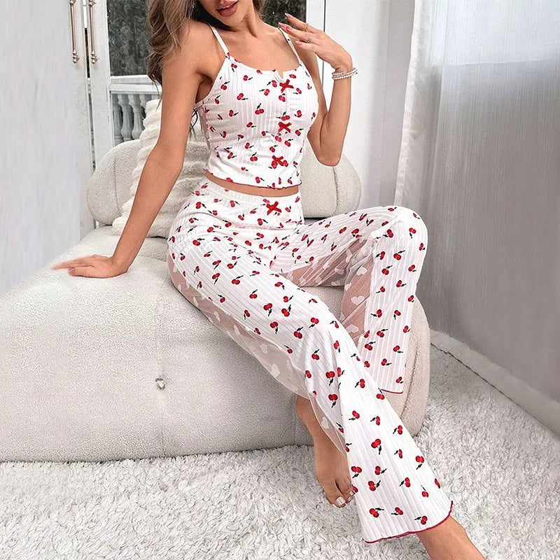 Mesh Sleeveless Top And Long Pants Sleepwear