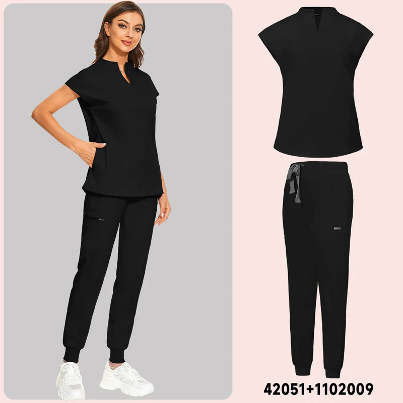 Stand Neck V-Cut Scrub Top & Jogger Pants Scrub Sets