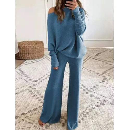 Long-Sleeved Bateau Collar Top & Wide-Leg Pant Set