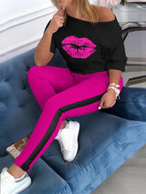 2-Piece Women's Tracksuit: Lips Print Top + Jogger Pants Set