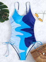 One Piece Printed Drawstring Swimsuit - Swimming Beachwear Bodysuit