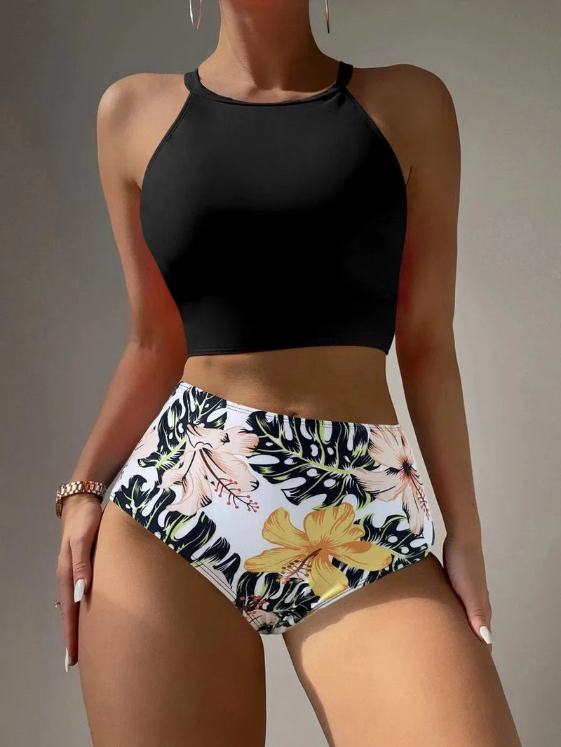 High Waist Bikini - High Neck Floral Swimwear