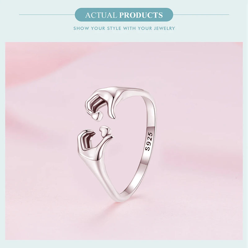 925 Sterling Silver Hand Heart Opening Ring