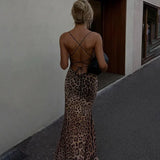 Autumn and Winter New Women's Clothing INS Sexy V-neck Backless Strap Slim Leopard Print Dress Women