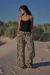 High Waist Bow Lace-up Linen Blend Leopard Print Wide Leg Pants