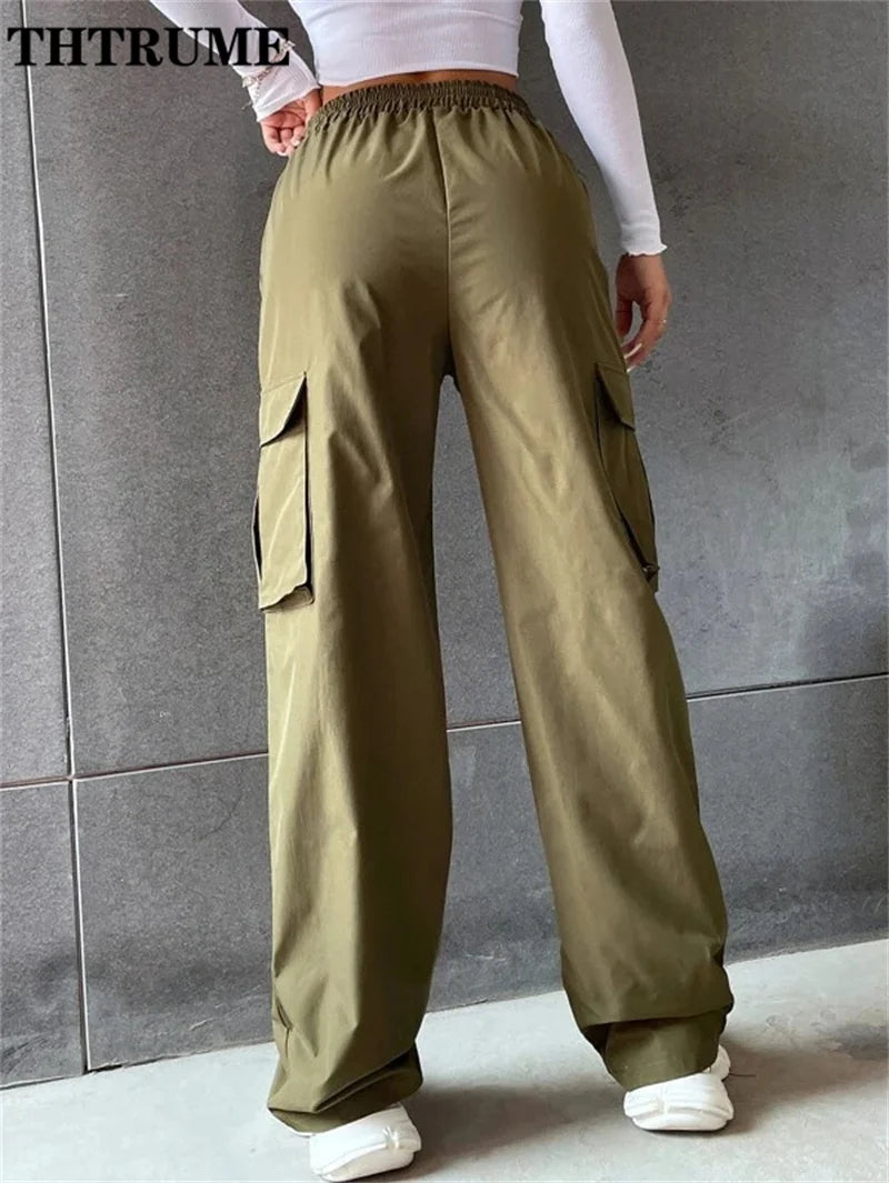 Fashion Solid High Elastic Waist Pocket Straight Cargo Pants