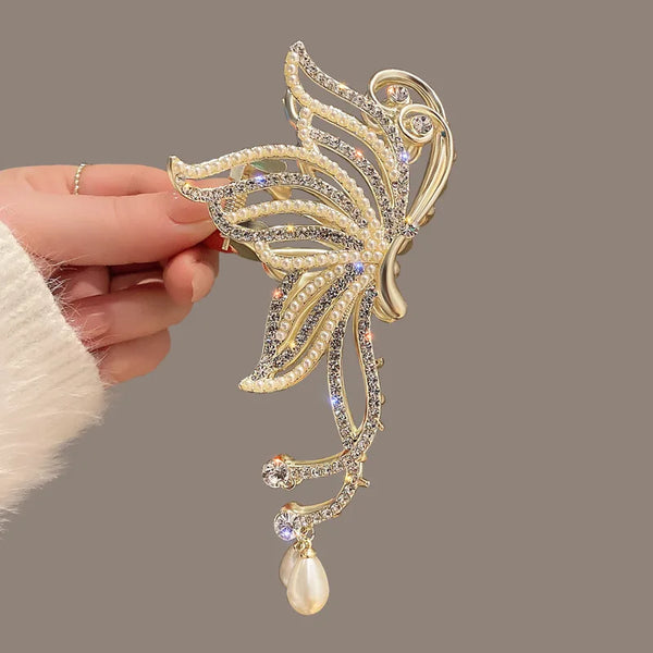 Butterfly Fashion Hair Claw: Rhinestone Pearls Hair Clip