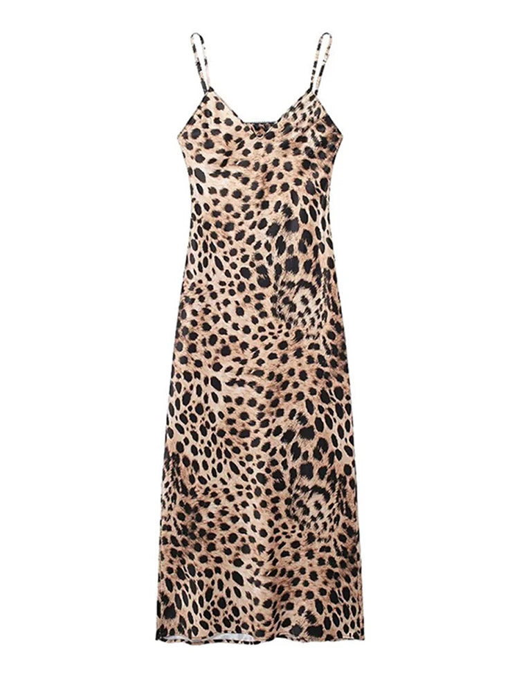 Elegant Sleeveless Leopard Slip Long Dress