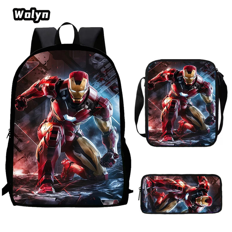 3-PCS Set Cartoon Anime Iron Man Kids School Backpack