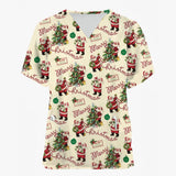 Christmas Holiday V-Neck Short Sleeve Scrub Tops