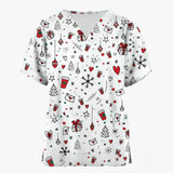 Christmas Holiday V-Neck Short Sleeve Scrub Tops