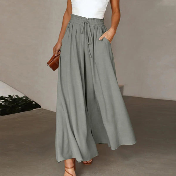 Casual Bandage Wide Leg Skirt Pants – Women's Elastic Waist Solid Color Culottes with Pockets