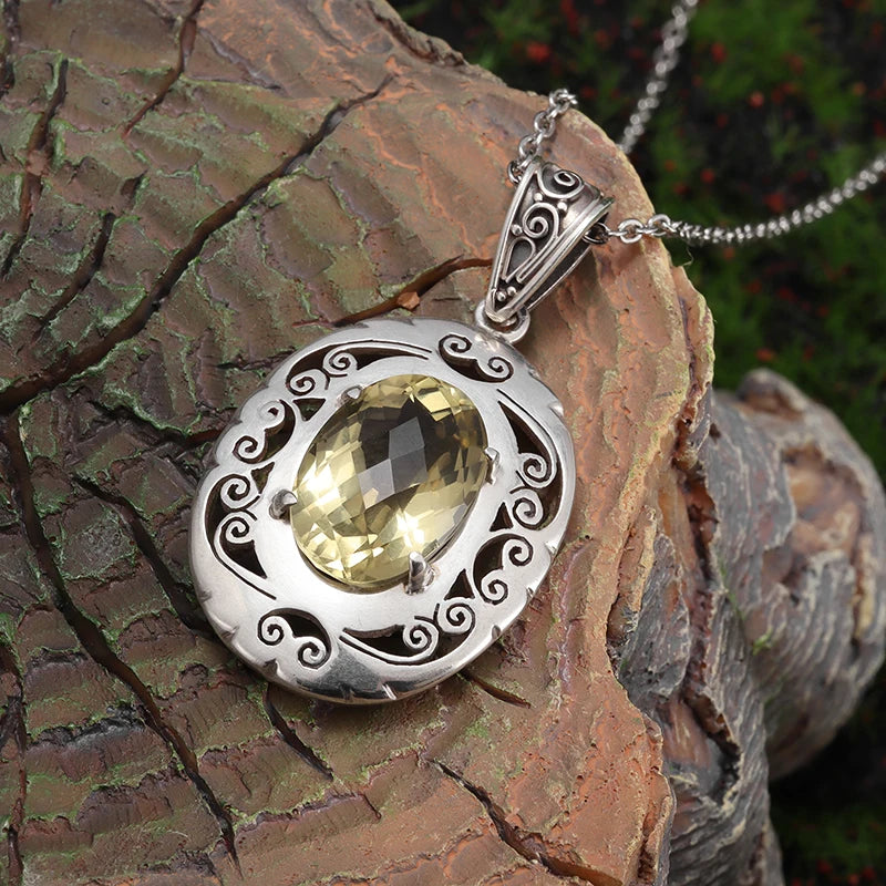 Exquisite Oval Yellow Gemstone Crystal Petal Pendant Necklace