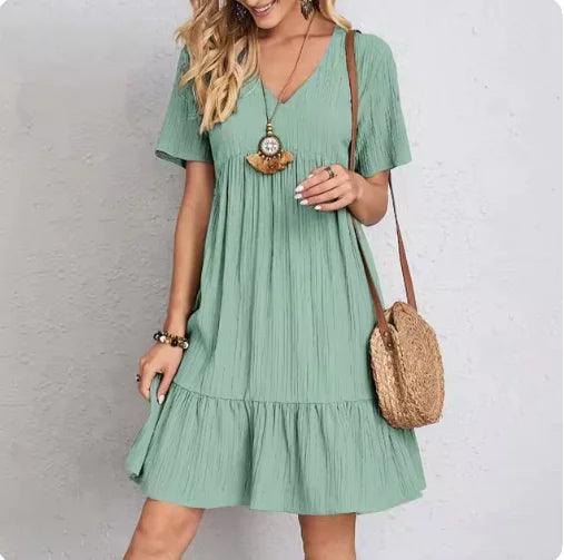 Solid Color V-Neck Midi Dress