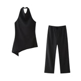 Asymmetric Halter Tank Tops and Straight Pant Sets