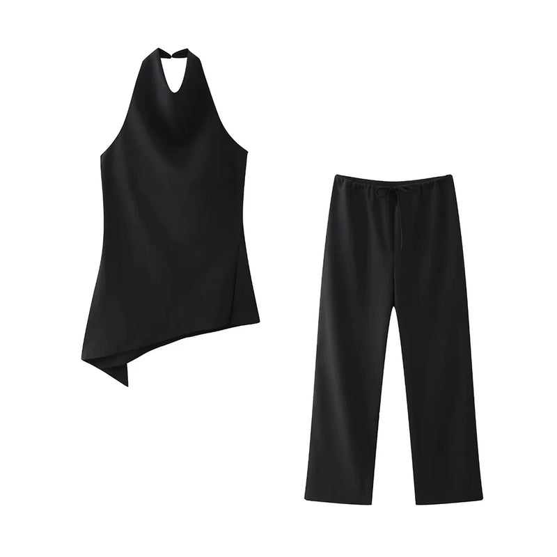 Asymmetric Halter Tank Tops and Straight Pant Sets