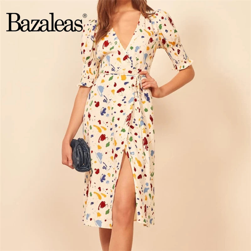 Colorful Print Wrap Midi Dress