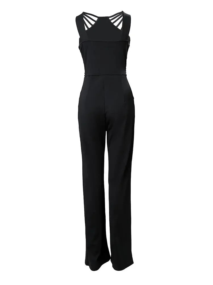 Black Multi Strap Sleeveless Rhinestone Bootcut Jumpsuit