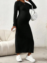 Long Sleeve Rib Knit Solid Color Maternity Dress