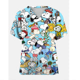 Snoopy Cartoon Print Scrub Tops