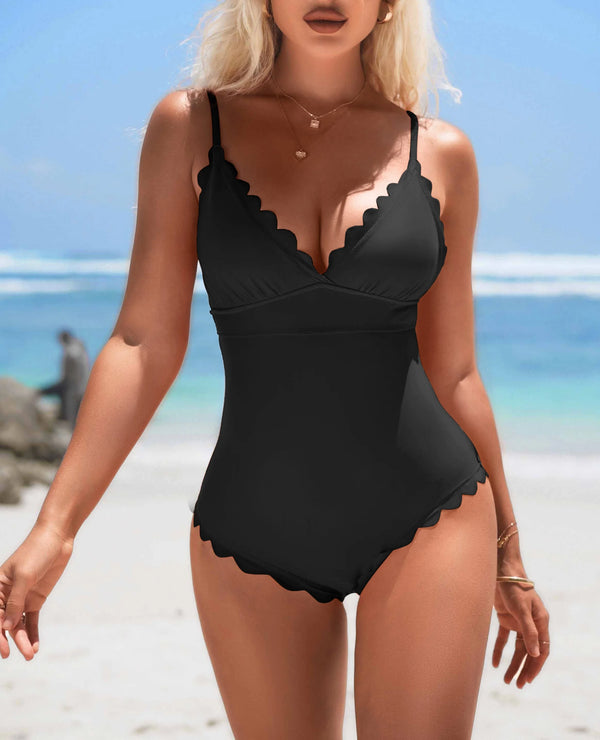 One-Piece Solid Scalloped Trim Swimsuit