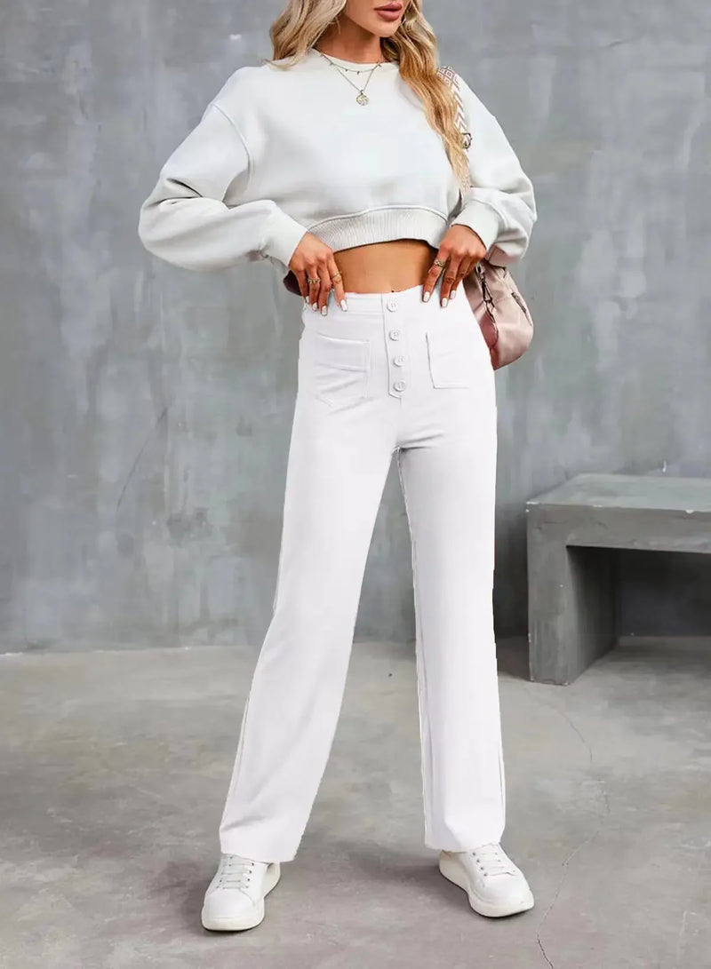 Fashionable New Women's Straight-leg Casual Pants - High-waisted, Buttoned, Elastic Waist with Multiple Pockets