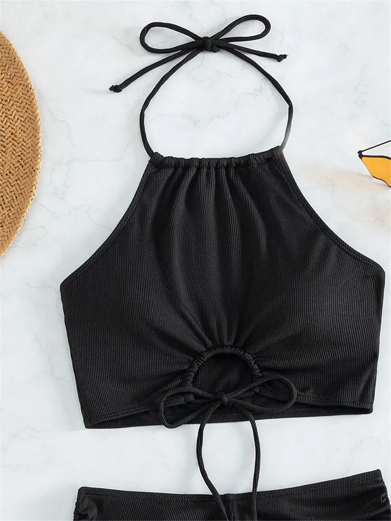 Black Drawstring Swimwear Bikini Set