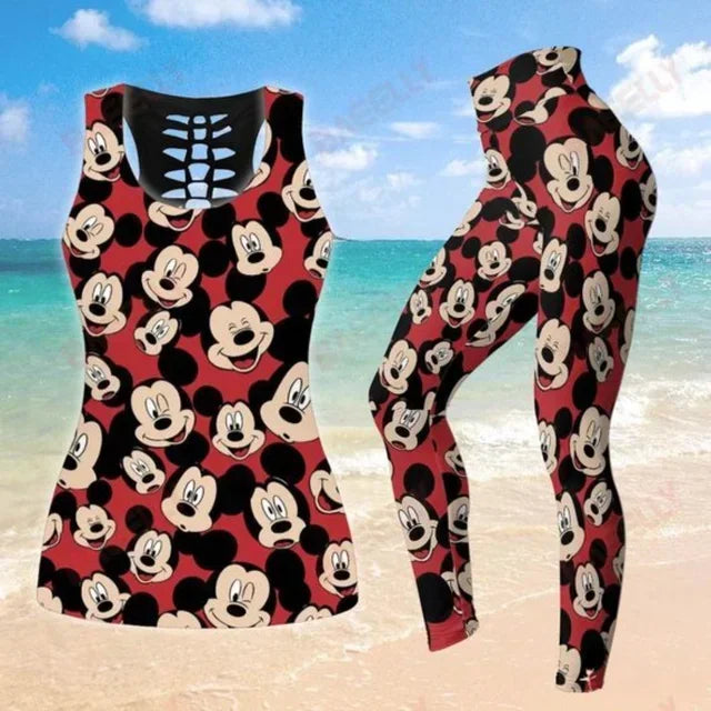 Leopard Mickey Hollow Vest + Leggings Yoga Suit