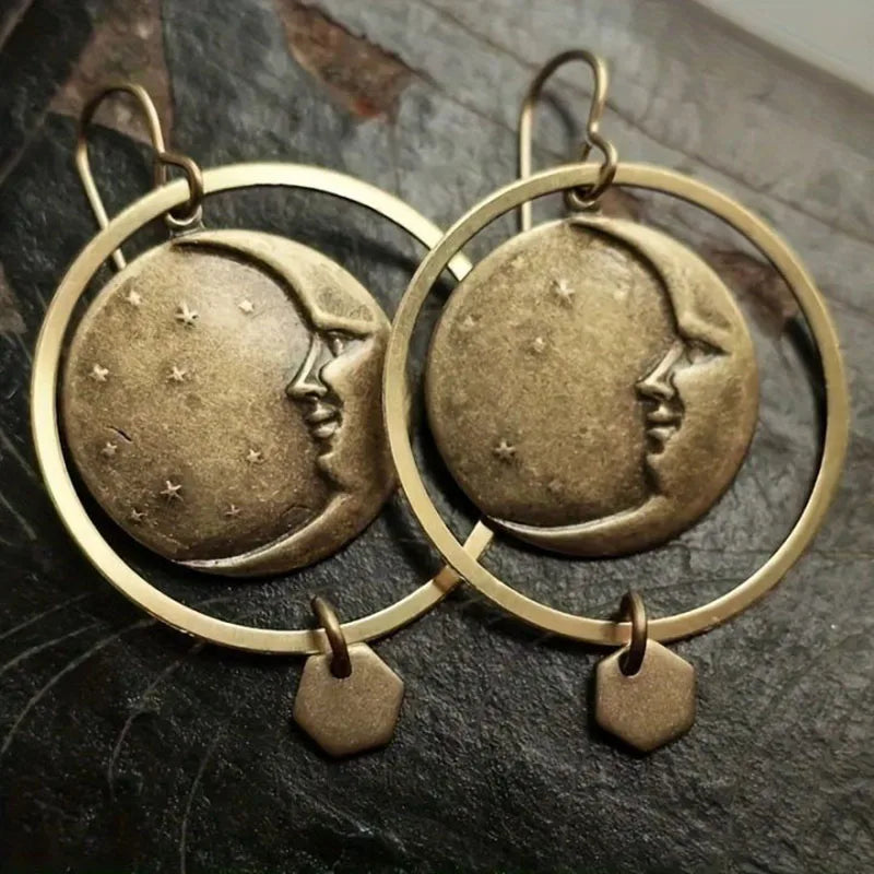 Goth Ethnic Moon Face Drop Dangle Earrings