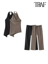 Asymmetric Halter Tank Tops and Straight Pant Sets