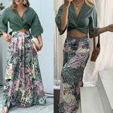 Twisted Open Top and Flower Printed Wide Leg Pants Set