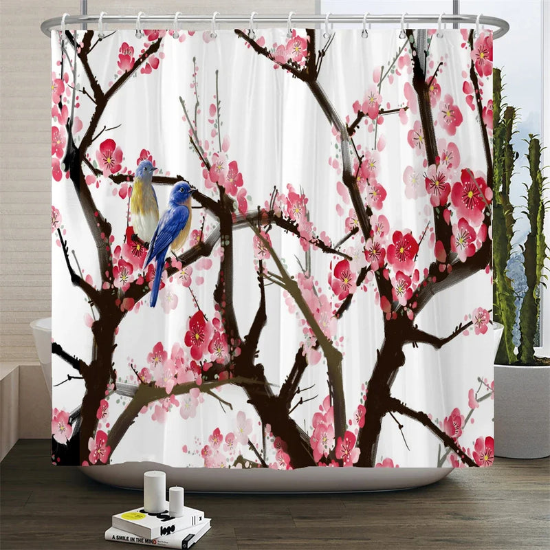 Chinese Style Flower and Birds Tree Shower Curtain