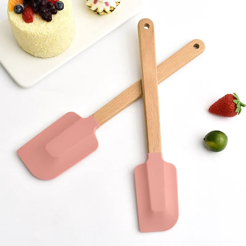 2Pcs/Set White Silicone Cream Spatula - Non-stick Pastry Blenders with Wood Handle