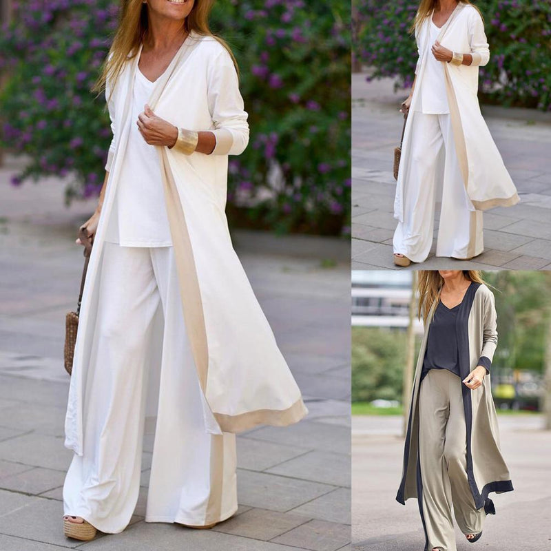 3 Pcs Casual pant set Long Sleeve Cardigan, Coat Sling Top, and Wide Leg Pants