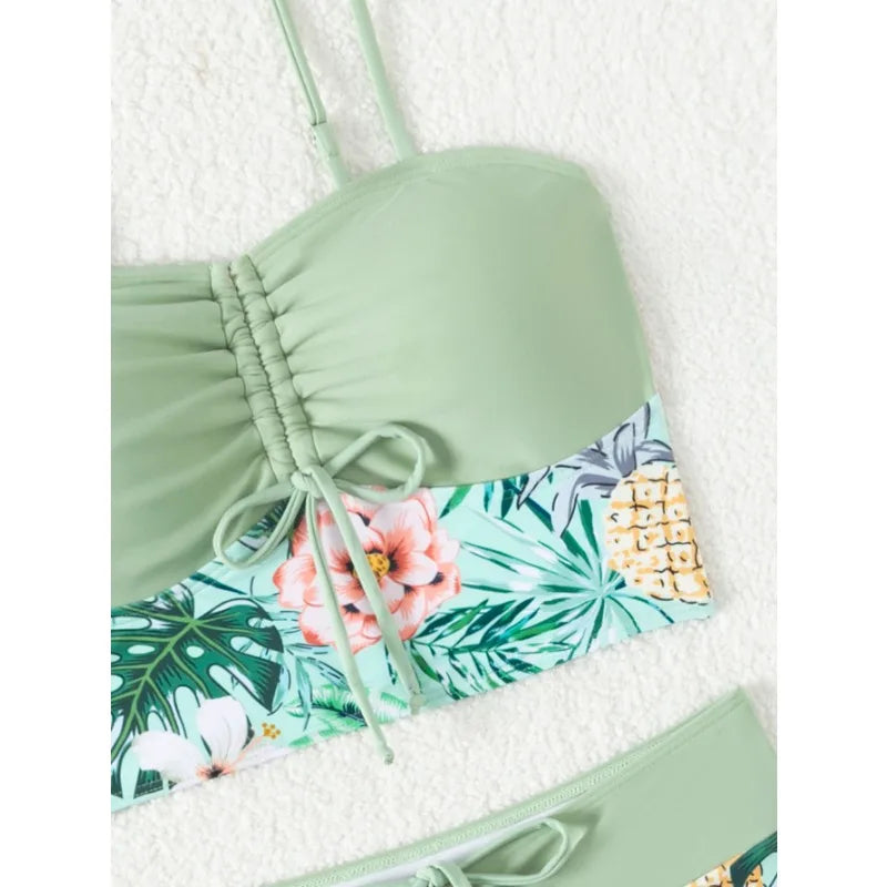 Printed Drawstring High Waist Swimsuit