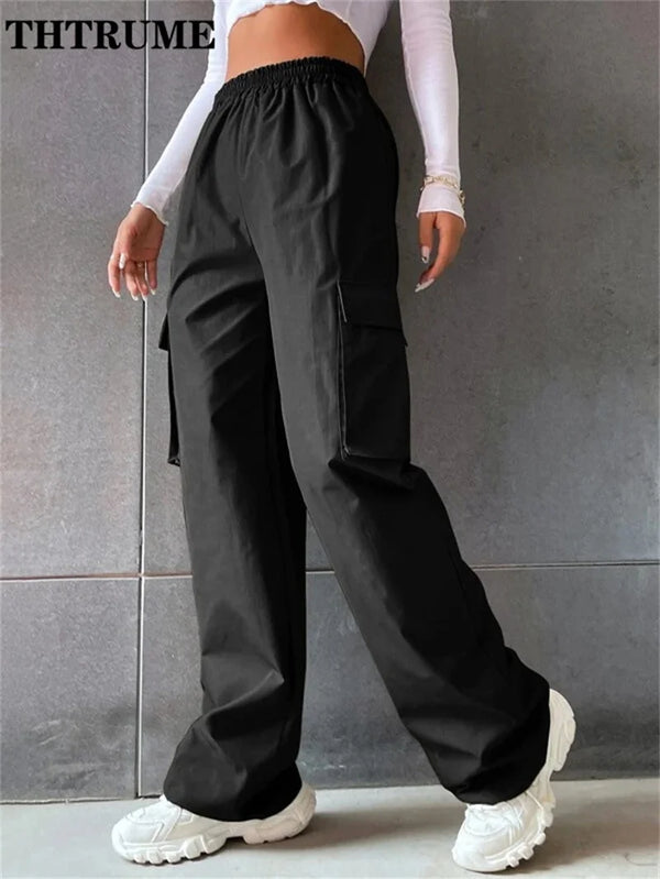 Fashion Solid High Elastic Waist Pocket Straight Cargo Pants