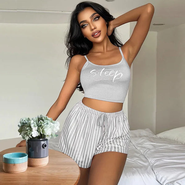 Crop Top & Elastic Waist Stripped Shorts - 2 Pcs Sleepwear