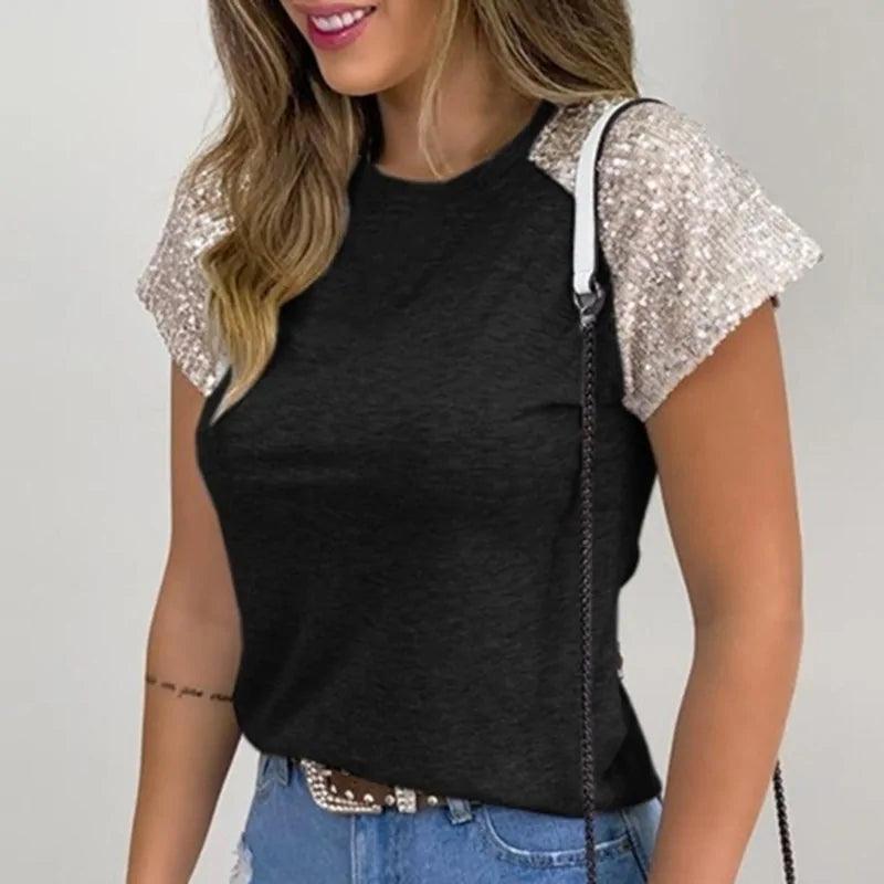 Sequined O-Neck Short Sleeve Summer Blouse