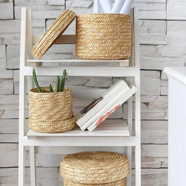 3-Piece Handmade Woven Storage Basket Set with Lids - The Next Door Neighbor 