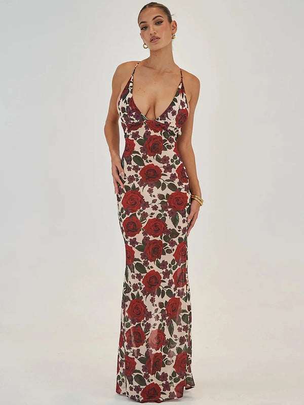 Spaghetti Strap Backless Print Dress