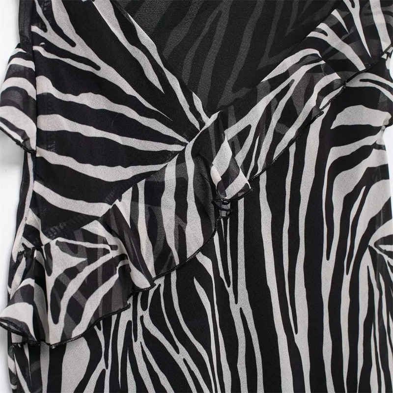 Slim Fit Long Ruffle Animal Print Backless Dress