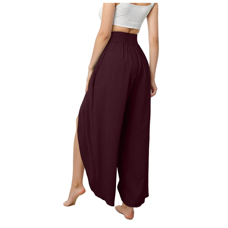 Wide Leg Pants with Front Slit High Waisted Pleated - Boho Beach Yoga Pants