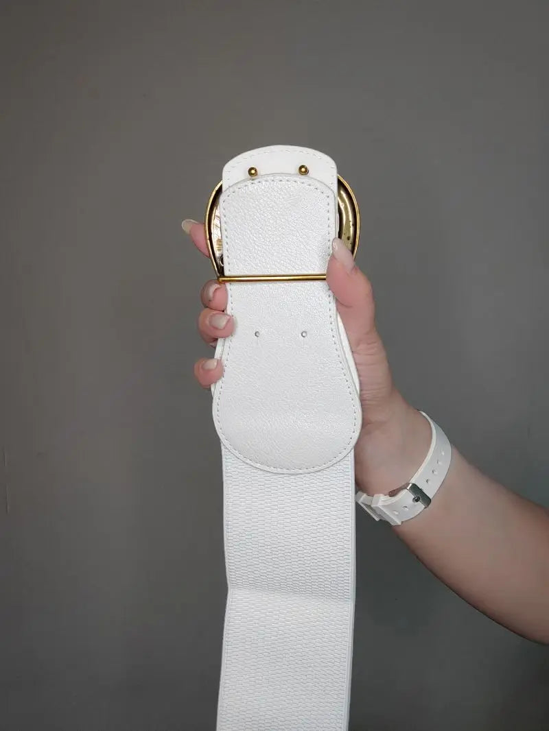 Stretchy Elastic Cinch Waist Belt with Big Gold Alloy Buckle