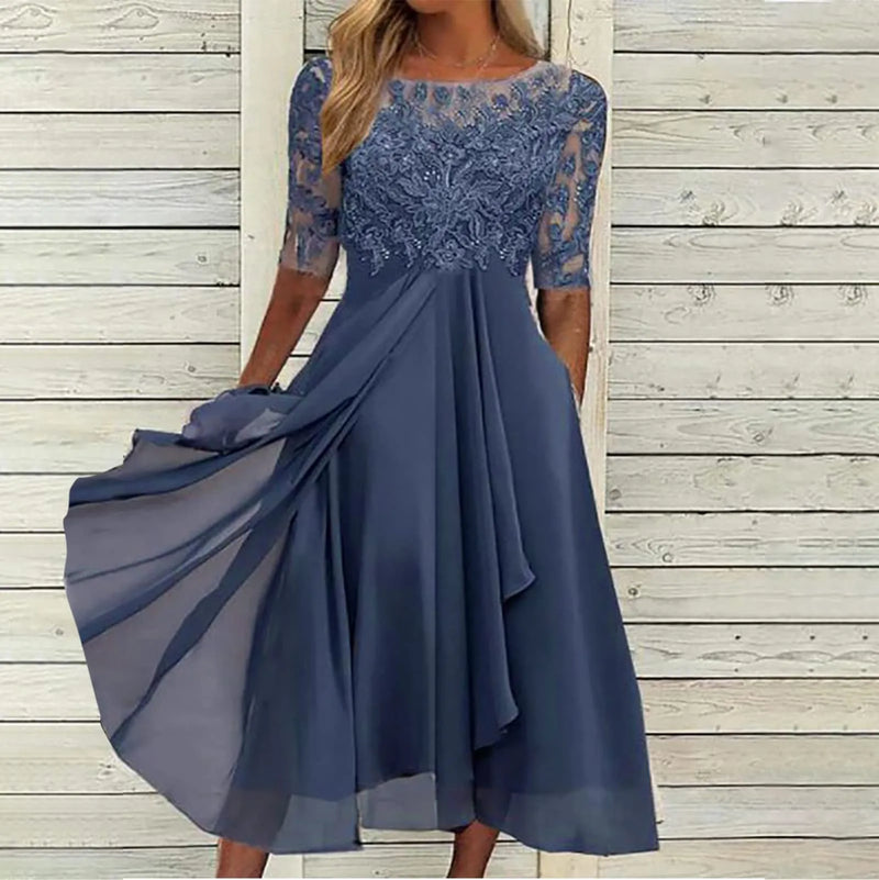 Elegant Lace Chiffon Flowing Dress - Half Sleeve Lace Chiffon Dress