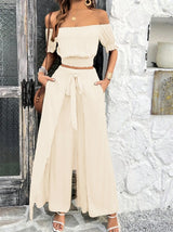 Solid Color Crop Top Wide Leg Pants Set