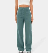 Fashionable New Women's Straight-leg Casual Pants - High-waisted, Buttoned, Elastic Waist with Multiple Pockets