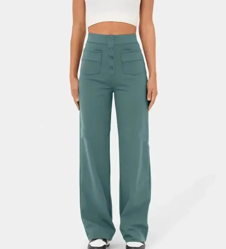 Fashionable New Women's Straight-leg Casual Pants - High-waisted, Buttoned, Elastic Waist with Multiple Pockets